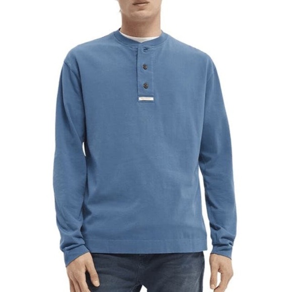 SCOTCH & SODA Grandad Button Neck Long sleeved Shirt, Blue, M - Picture 1 of 8